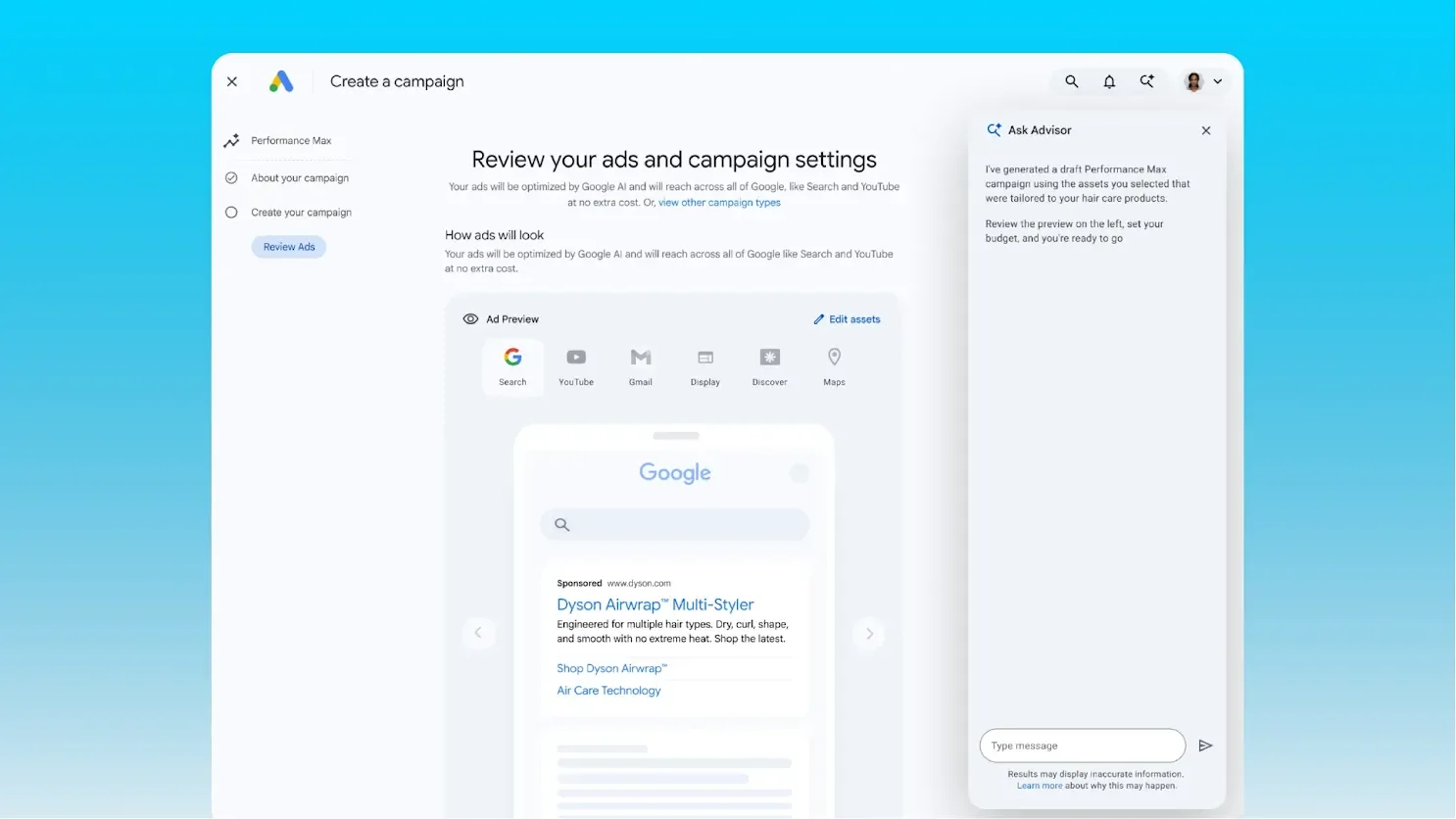 Google's screenshot of Ask Advisor: a side panel saying it has generated a draft Performance Max campaign, next to the campaign review screen