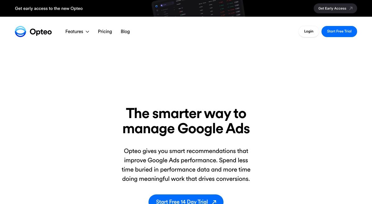 Opteo's home page hero with the headline The smarter way to manage Google Ads