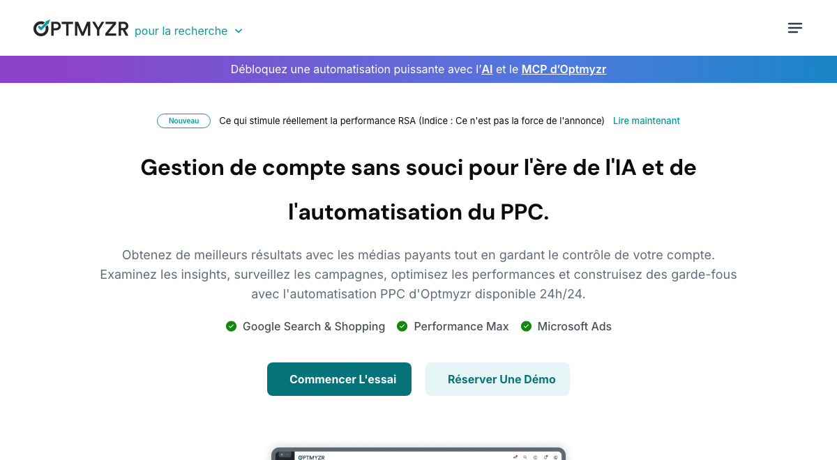 Optmyzr homepage hero, showing its account management positioning