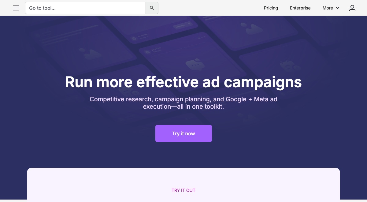Semrush Advertising Toolkit hero, showing its competitive research and campaign execution positioning