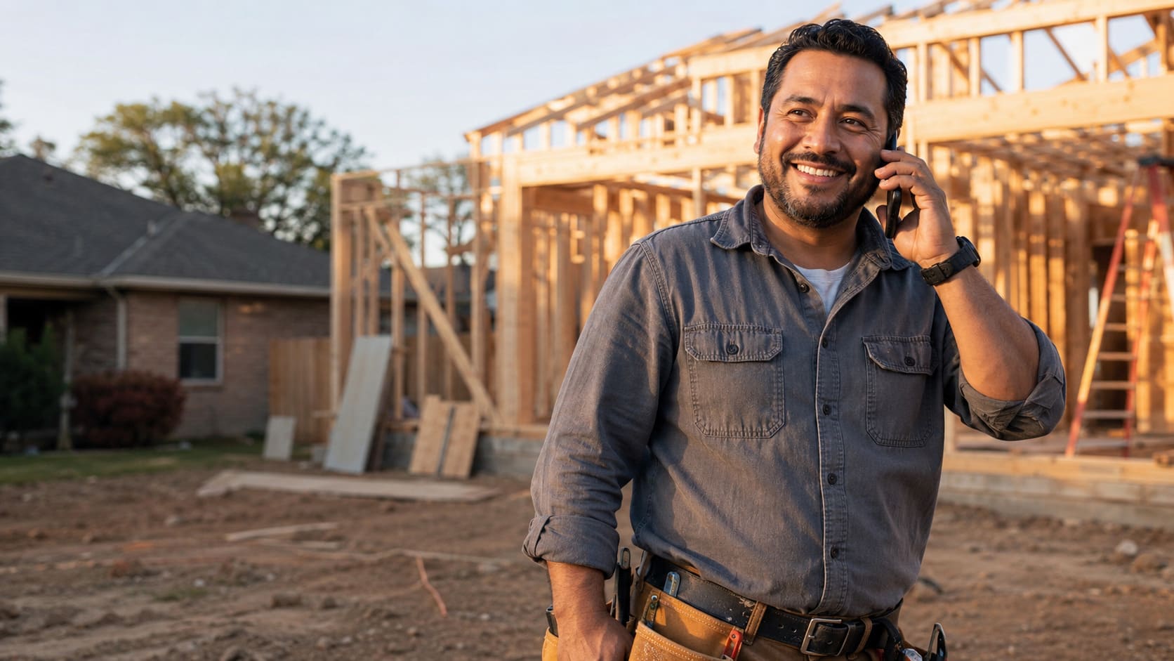 Local contractor on a job site, phone in hand