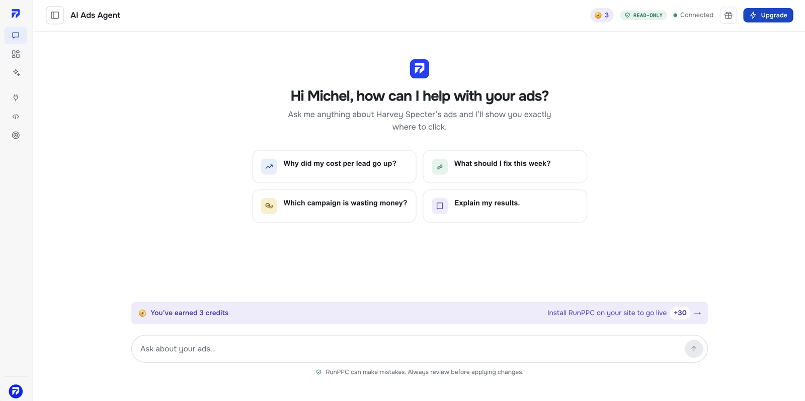 The RunPPC AI Ads Agent asking what to look at, with suggested questions about cost per lead and wasted spend